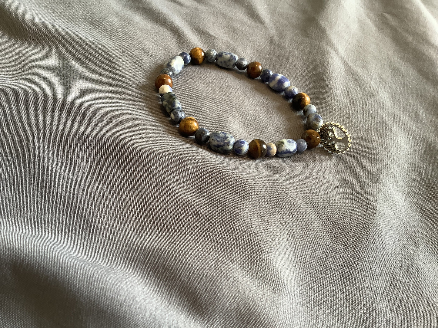 Tiger’s Eye & Blue Stone Beaded Bracelet with Tree of Life Charm