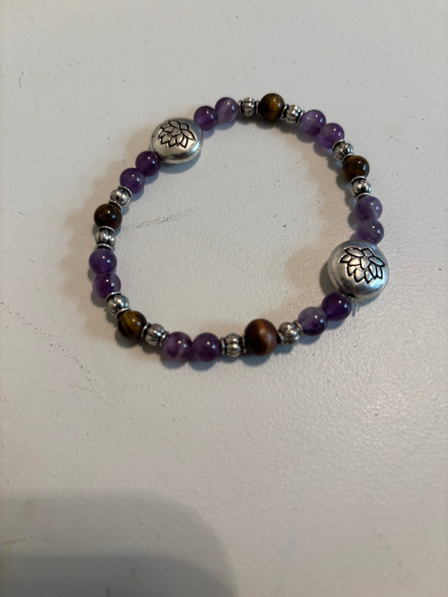 Lotus Charm Bracelet with Amethyst and Tiger’s Eye Natural Stone Beads