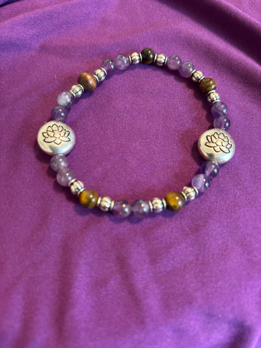 Lotus Charm Bracelet with Amethyst and Tiger’s Eye Natural Stone Beads